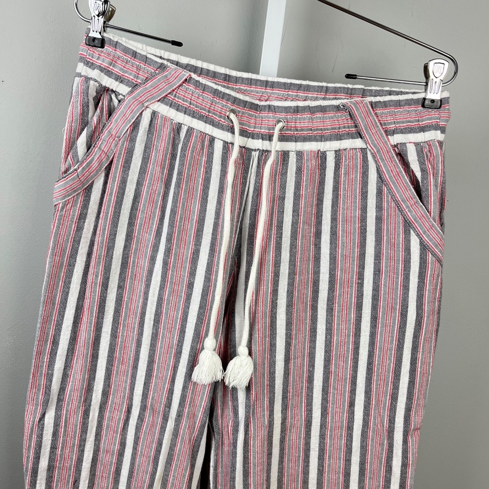 Rewind Linen Blend Pants Womens‎ L Gray Red Stripe Wide Leg Pull-On Coastal Chic